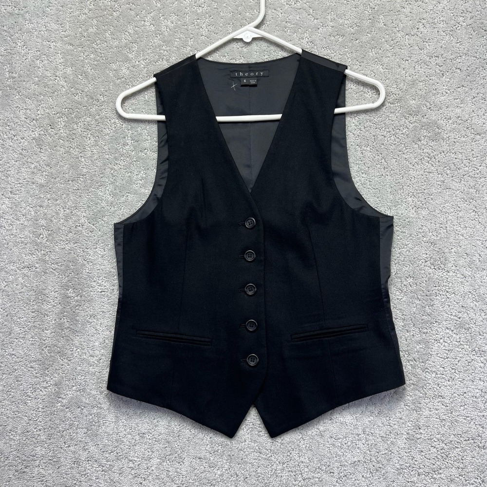 Theory Vest Womens Size 6 Black Button Front Galloway Wool Angora Cashgora Blend